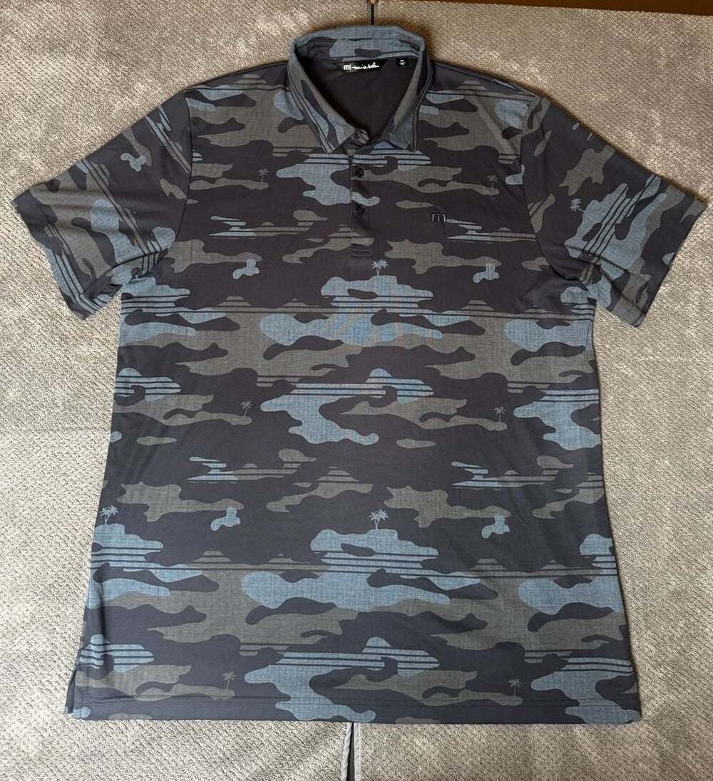 TravisMathew Stealth Blue Gray Camo Palm Tree Golf Polo Shirt XXL 1203